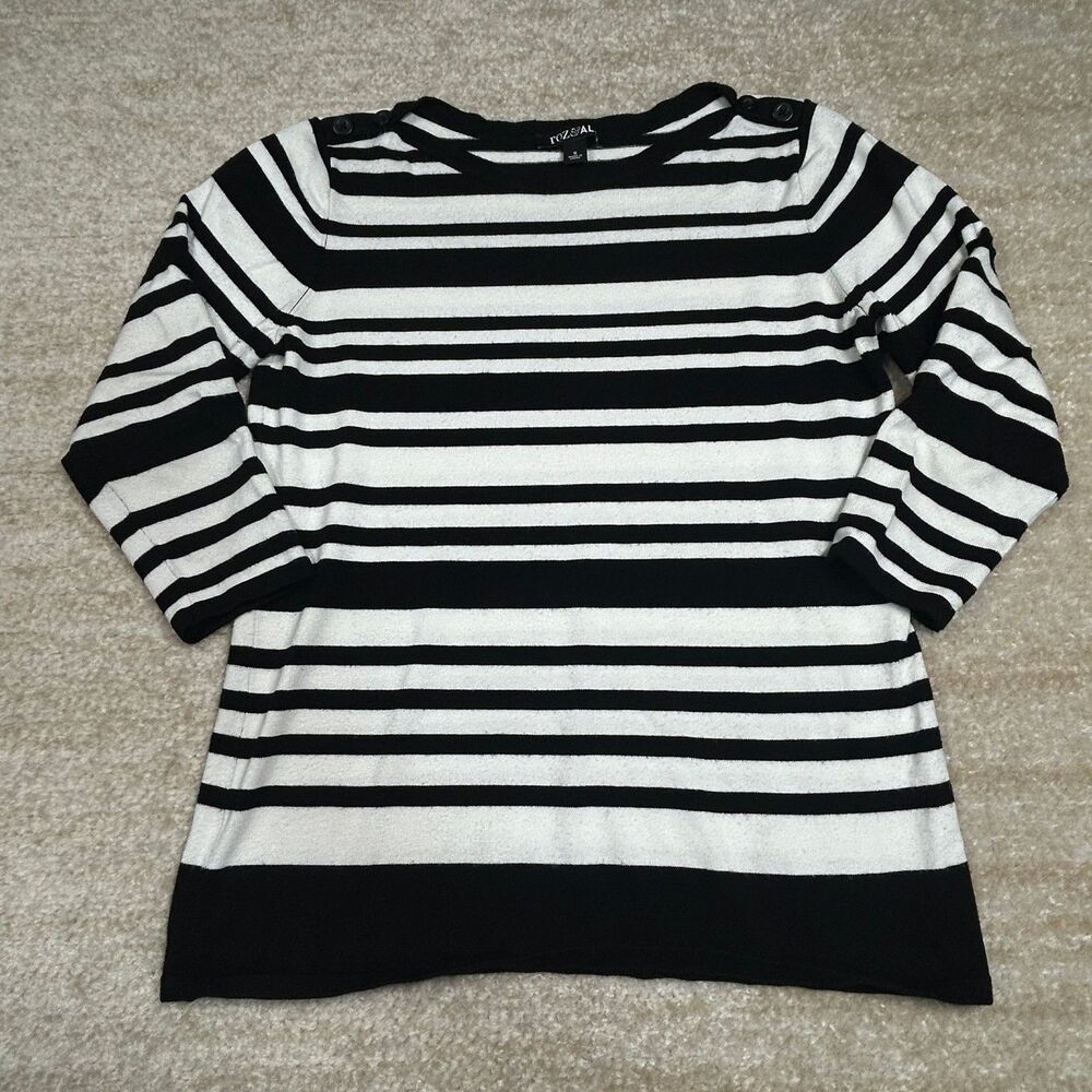 Roz & Ali Sweater Womens S Black White Striped Boatneck 3/4 Sleeve Buttons